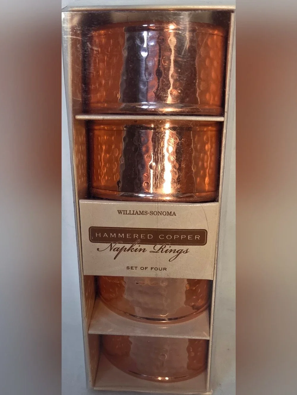 Williams-Sonoma Hammered Copper Napkin Rings - Set of 4 NIB Boho Rustic Cottage